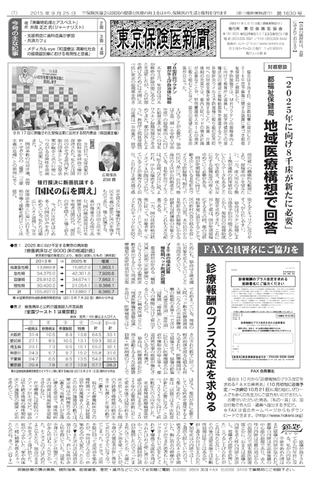 東京保険医新聞2015年9月25日号の主な内容画像